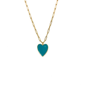 Teal Enamel Heart Necklace,Gold Vermeil Paperclip Chain Teal Heart Necklace,Topaz Jewelry