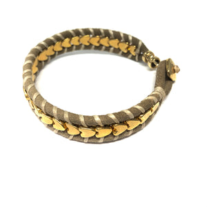 Gold Heart Cord Leather Bracelet ,Natural Cord Intertwine Gold Heart Bracelet, Topaz Jewelry  