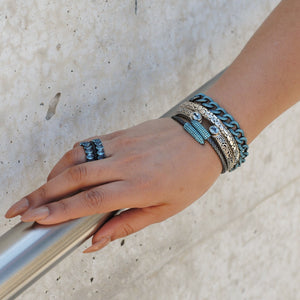 Oxidized Sterling Silver Pave Turquoise Cuff - Topaz Jewelry
