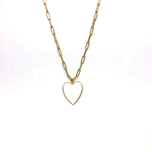White Enamel Heart Necklace,Gold Vermeil Paperclip Chain White Heart Necklace,Topaz Jewelry