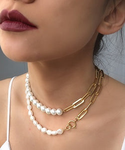 Gold Plated Links Chain Fresh Water Pearls Choker, Chunky Pearls Choker ,Topaz Jewelry