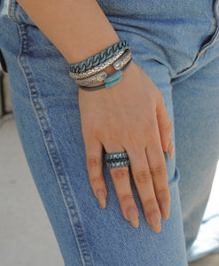 Oxidized Sterling Silver Black Pave Stack Ring,Aqua Crystal Ring, - Topaz Jewelry