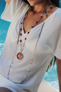 Red Jade Long Necklace, Long Silver Necklace Red Jade Pendant, Topaz Jewelry