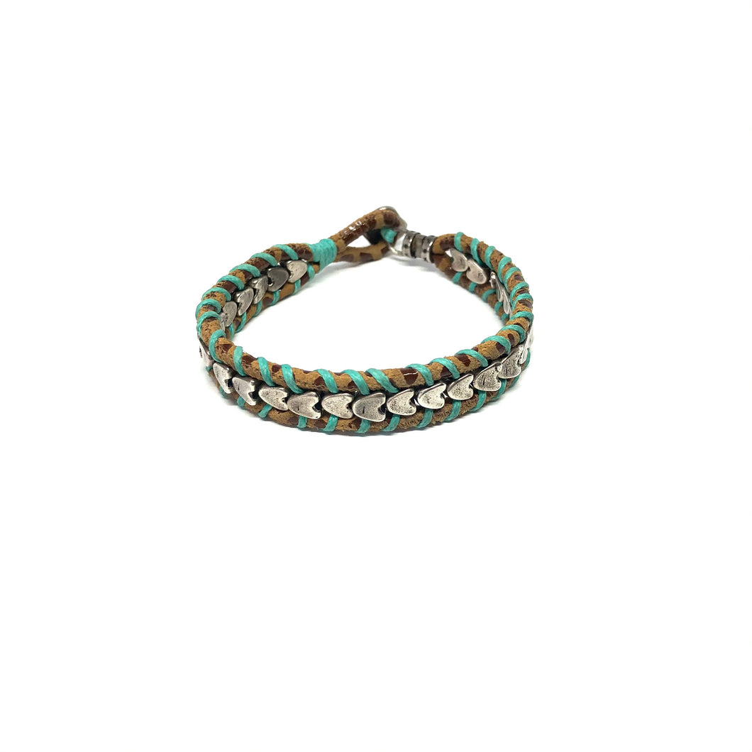 Silver plated hearts shape beads interlace with a neutral cord bracelet,Topaz Jewelry