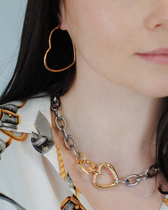 ChunkySilver Plated Links Necklace,Gold Heart Clasp,Statement Links Necklace Topaz Jewelry
