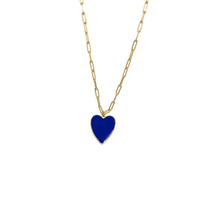 Blue Enamel Heart Necklace,Gold Vermeil Paperclip Chain Navy Blue Heart Necklace,Topaz Jewelry