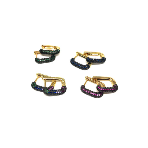 Pave Color Cubic Zirconia Rectangle Hoop Earrings,Gold Plated Color Cubic Earrings,Topaz Jewelry 