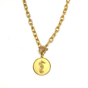 Seahorse Necklace,Seahorse Enamel Pendant,Gold Plated Link Chain Seahorse Necklace,Topaz Jewelry 