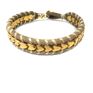 Gold Heart Cord Leather Bracelet ,Natural Cord Intertwine Gold Heart Bracelet, Topaz Jewelry  