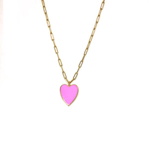 Bubblegum Pink Enamel Heart Necklace,Gold Vermeil Paperclip Chain Pink Heart Necklace,Topaz Jewelry 