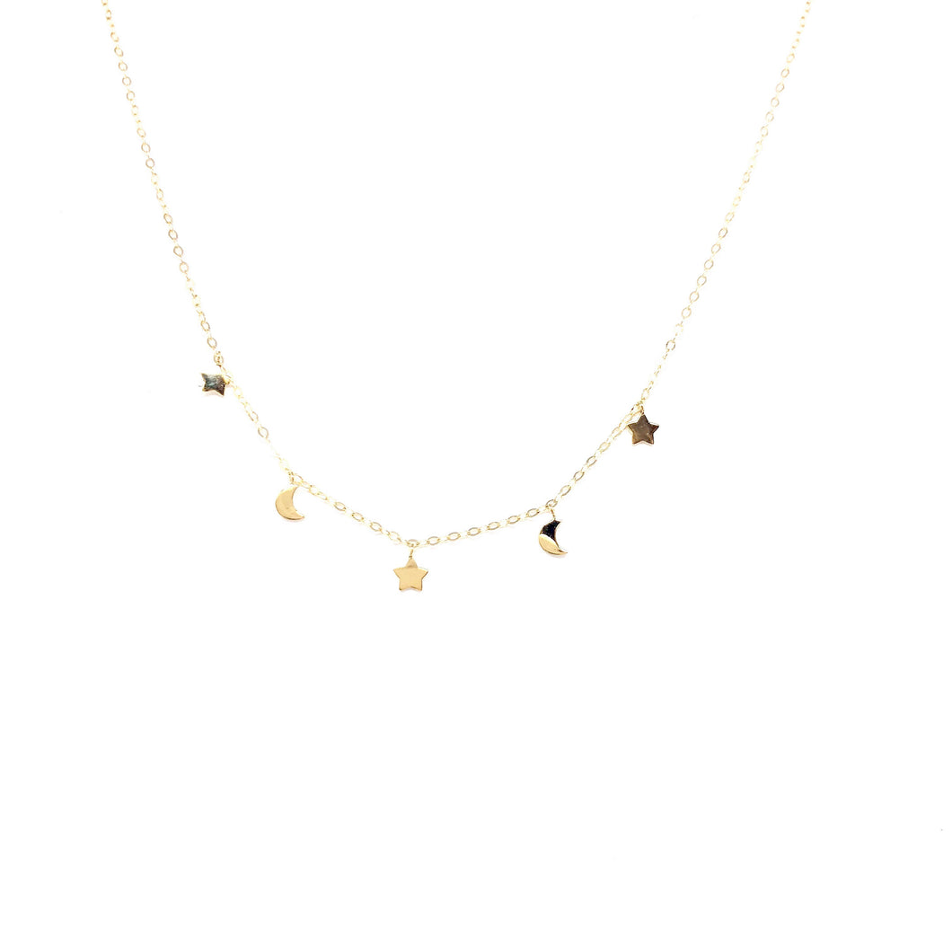 10K Gold Star Moon Necklace,10K Gold Star Moon Choker  - Topaz Jewelry