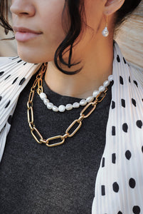 Gold Plated Links Chain Freshwater Pearls Choker, Chunky Pearls Choker ,Topaz Jewelry