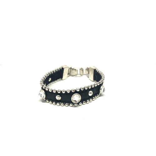 Black Leather Bracelet, Black Crystals Bracelet, - Topaz Jewelry