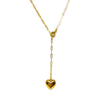 Load image into Gallery viewer, Stainless Steel ,Freshwater Pearls Gold Lariat Heart Necklace,Adjustable Heart Necklace- Topaz Jewelry
