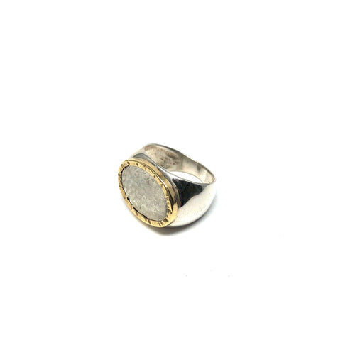 Silver- Gold Oval Ring, Silver Hammered Oval Ring - Topaz Jewelry