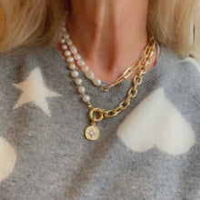 Load image into Gallery viewer, 24K Matte Gold Link Chain Necklace,Freshwater Pearls Gold Links Charm Necklace,Double Sided Coin Charm Necklace,Topaz Jewelry
