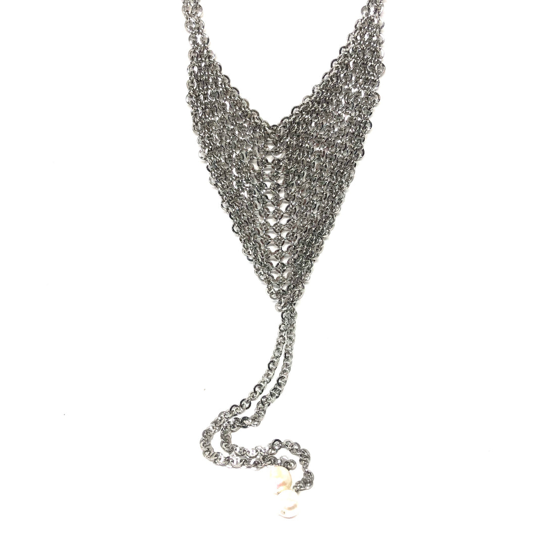 Chain Mail Necklace,Chain Mail Lariat Necklace,Silver Lariat Pearls Necklace
