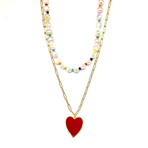 Red Enamel Heart Necklace,Gold Vermeil Links Chain,Color Heart Necklace,Topaz Jewelry