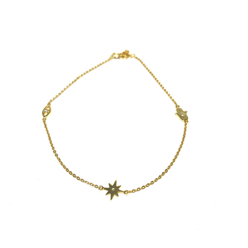 Eye,Starburst,Hamsa Gold Anklet,Gold Charm Anklet,Topaz Jewelry
