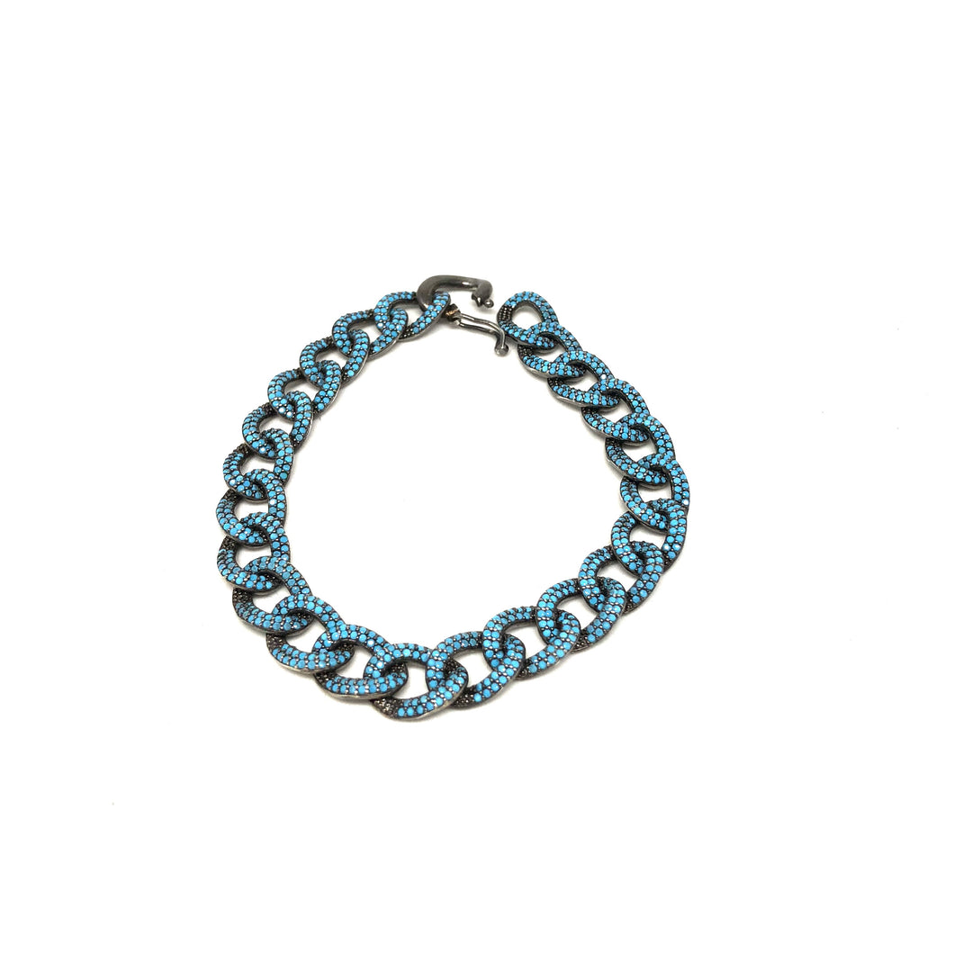 Turquoise Cuban Links Bracelet,Oxidized Sterling Silver Pave Turquoise Bracelet,  - Topaz Jewelry