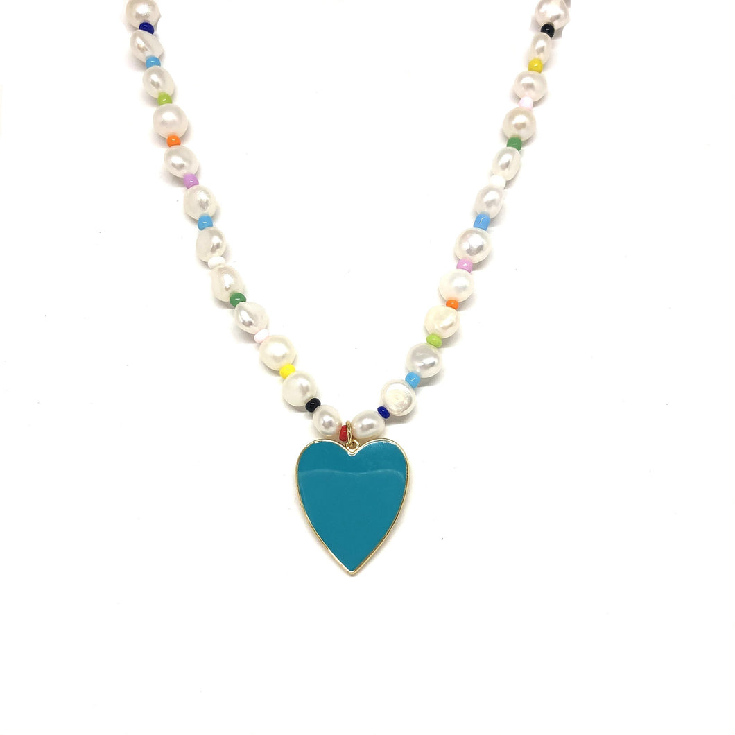 Freshwater Pearls,Colourful Beads,Teal Enamel Heart Pendant Necklace,Topaz Jewelry