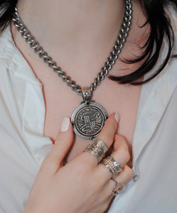 Silver Medallion Necklace, Statement French Medallion Necklace, - Topaz Jewelry