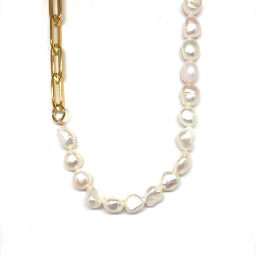 Gold Plated Links Chain Freshwater Pearls Choker, Chunky Pearls Choker ,Topaz Jewelry