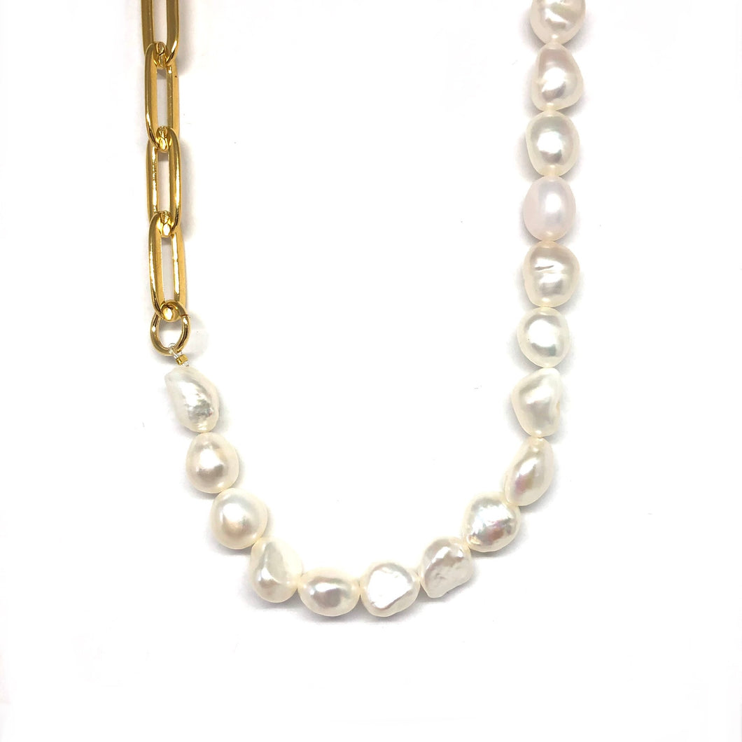 Gold Plated Links Chain Freshwater Pearls Choker, Chunky Pearls Choker ,Topaz Jewelry