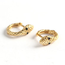 Load image into Gallery viewer, Gold Vermeil Snake Huggies ,Green Eyes Gold Vermeil Snake Hoop Earrings,Textured Snake Huggie Earrings,Black Eye Textured Snake Earrings Topaz Jewelry
