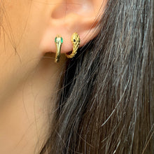Load image into Gallery viewer, Gold Vermeil Snake Huggies ,Green Eyes Gold Vermeil Snake Hoop Earrings,Textured Snake Huggie Earrings,Black Eye Textured Snake Earrings Topaz Jewelry
