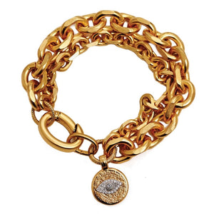 24K Matte Gold Double Links Chain Bracelet,Evil Eye Links Bracelet,Evil Eye Gold Charm Bracelet,Topaz Jewelry  