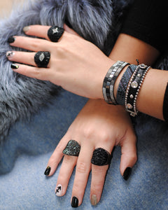Black Leather Bracelet, Black Crystals Bracelet, - Topaz Jewelry