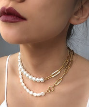 Load image into Gallery viewer, Gold Plated Links Chain Fresh Water Pearls Choker, Chunky Pearls Choker ,Topaz Jewelry
